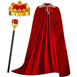 Cindeer 3 Pcs Kid Adult King Cape Costume Set Men Medieval King Robe Cape Outfit Regal Crown Scepter for Carnival Cosplay (59.1 Inch, Red)