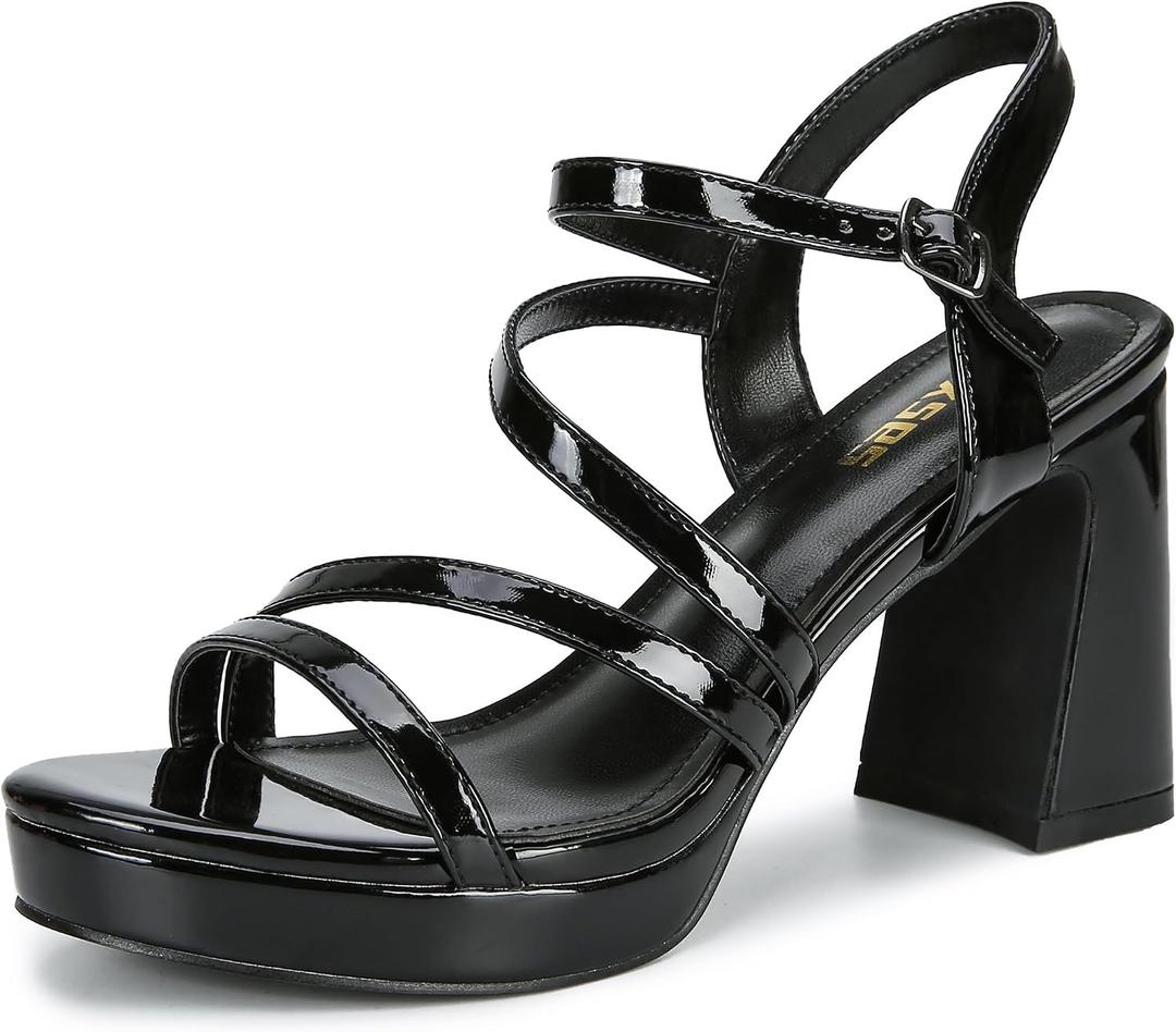 rsxses Women's Chunky Platform Sandals Patent Leather Strappy Heels (Black, M)