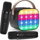 Bluetooth Karaoke Machine Toy for Kids- Mini Karaoke with 2 Wireless Microphone, Voice Changer & LED Lights, Portable Karaoke Mic for 3-8 Year Old Girls, Great for Birthday Home Party (Black)