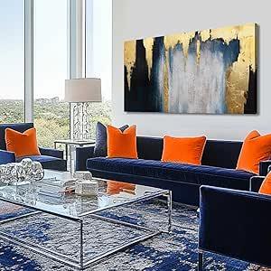 MLART99 Gold Foil Dark Blue Wall Decor Abstract Wall Art Modern Pictures for Living Room Bedroom Dining Room office Home Wall Decor, 24"x 48"