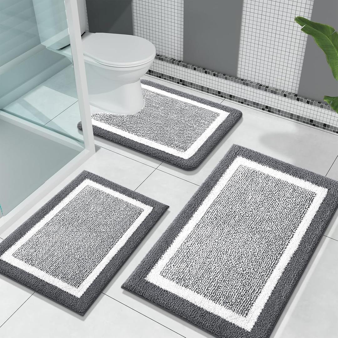 OLANLY Bathroom Rugs Sets 3 Piece, Soft Absorbent Microfiber Bath Mats and U-Shaped Contour Toilet Rug, Home Decor Accessories, Non-Slip, Bath Mat Set for Bathroom (30"x20"+24"x16"+24"x20", Dark Grey)