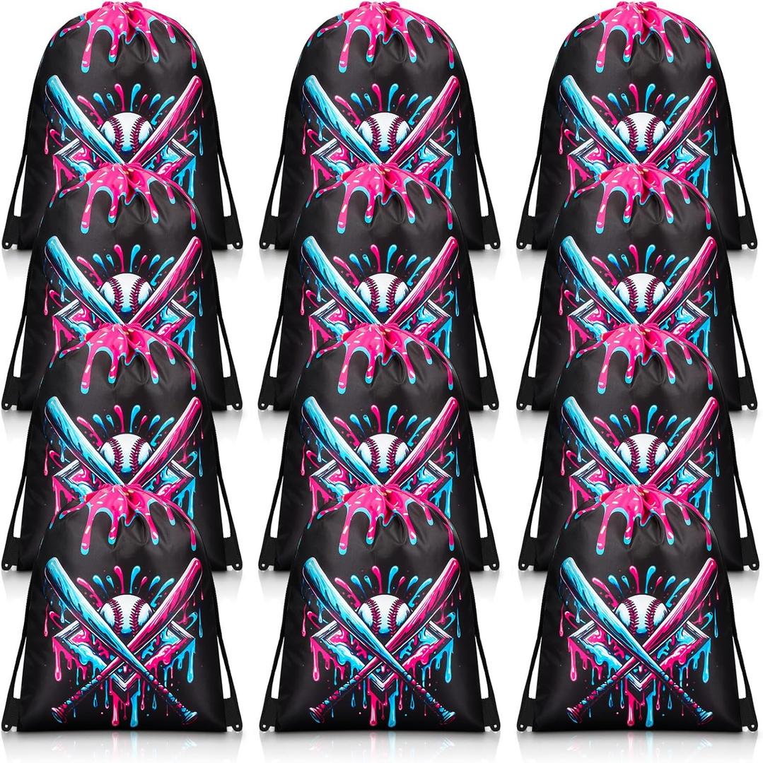 Sunnymove 12 Pcs Ice Cream Drip Baseball Drawstring Bag Sport Party Goodie Favor Baseball Gifts Bag Candy Treat Sackpack Goodie Favor for Sport Teams Birthday Theme Party Supplies (Black Ice Cream)