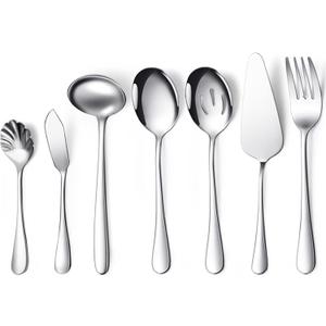 Patelai Serving Utensils Set Include Large Spoons Slotted Spoons Forks Tongs Soup Ladle and Pie Server Buffet Catering for Dishwasher Safe(Silver,7 Pieces)