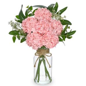 Hollyone Pink Hydrangea Artificial Flowers in Clear Glass Vase with Faux Water Silk Hydrangeas Fake Flowers Floral Arrangement for Home Bathroom Kitchen Office Table Centerpiece Shelf Decorations