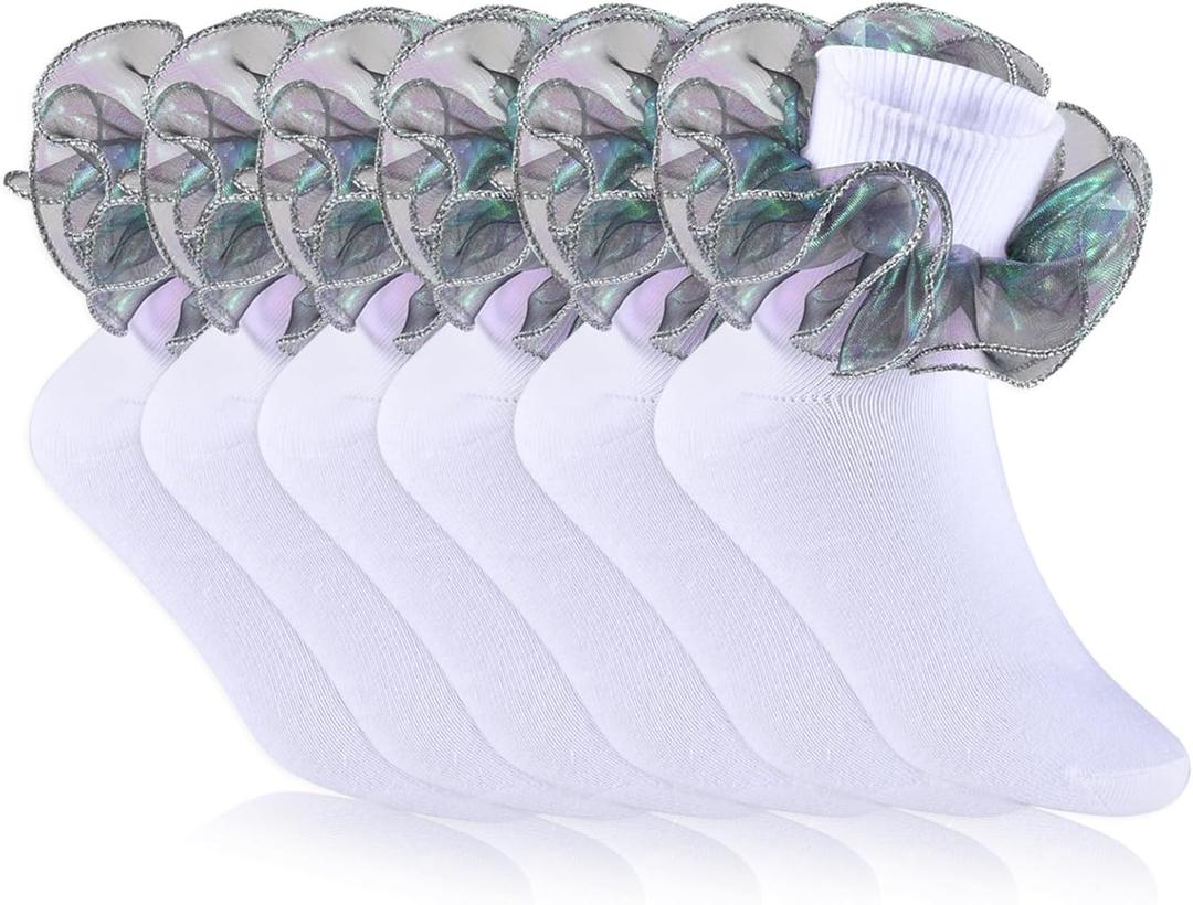 6 Pairs Girls White Ruffle Socks Toddler Big Double Shimmering Lace Turn Cuff Dress Socks (Green, S)