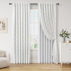 Cream 100% Blackout Double Layer Curtains 90 Inches Long 2 Panels for Bedroom Living Room Natural Farmhouse Modern Country Two Layer Curtains Back Tab Room Darkening Ivory White Drapes for Nursery