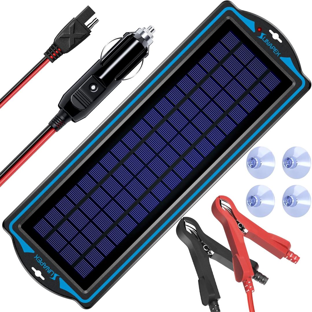 SUNAPEX 12V Solar Battery Charge: 5W Waterproof Portable Solar Panel Kit - Battery Maintainer Trickle Charger - with Upgrade Built in Charge Controller for Car Boat RV Trailer Automotive Motorcycle