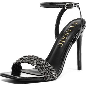 Women's Stiletto Heels, Crystal High Heels Rhinestone Silver Sandals Open Square Toe Ankle Strap Heels Strappy Dress Shoes for Party Wedding Bridal