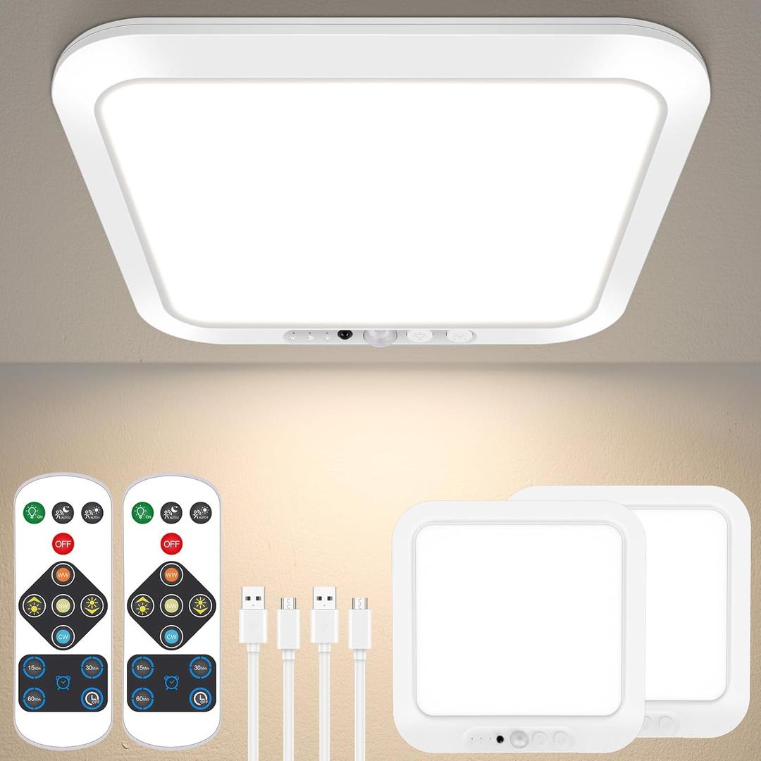 Rechargeable Motion Sensor Closet Light with Remote, Wireless Battery Operated Ceiling Light Magnetic Mount, Rechargeable LED Shower Light No Wiring for Indoor, Shower, Stairs, Hallway, Porch - 2 Pack
