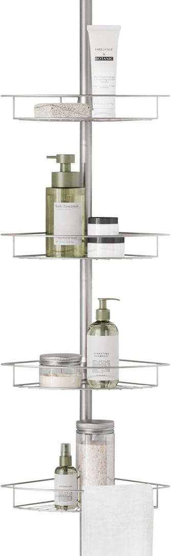 Zenna Home Tension Pole Shower Caddy, Adjustable Corner Shower Storage System with 4 Baskets and Built in Towel Bar, Rust-Resistant Bathroom Organization Solution, 60 to 97 Inch, Satin Nickel