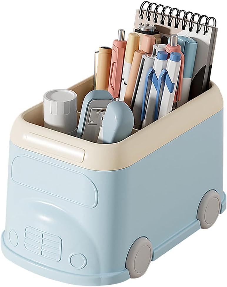 LETURE Pen Pencil Holder for Desk 3 Slots, Cute Car Gifts Desk Organizer Marker Makeup Brush Holders Workspace Organizers Office Decor Accessories (Blue)