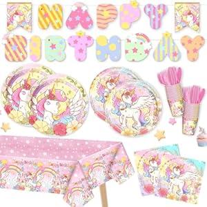Daidle Unicorn Birthday Party Supplies Kit for 24 Guests, with Banner & Tableware, Plates, Cups, Napkins, and Cutlery Sets, Unicorn Birthday Decorations