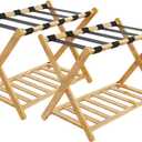 Luggage Racks, Folding Bamboo Suitcase Stand with Storage Shelf and Nylon Straps, Luggage Holders Assembled Suitcase Storage Caddy Holder for Guest Room, Hotel, Bedroom, Natural, Pack of 2