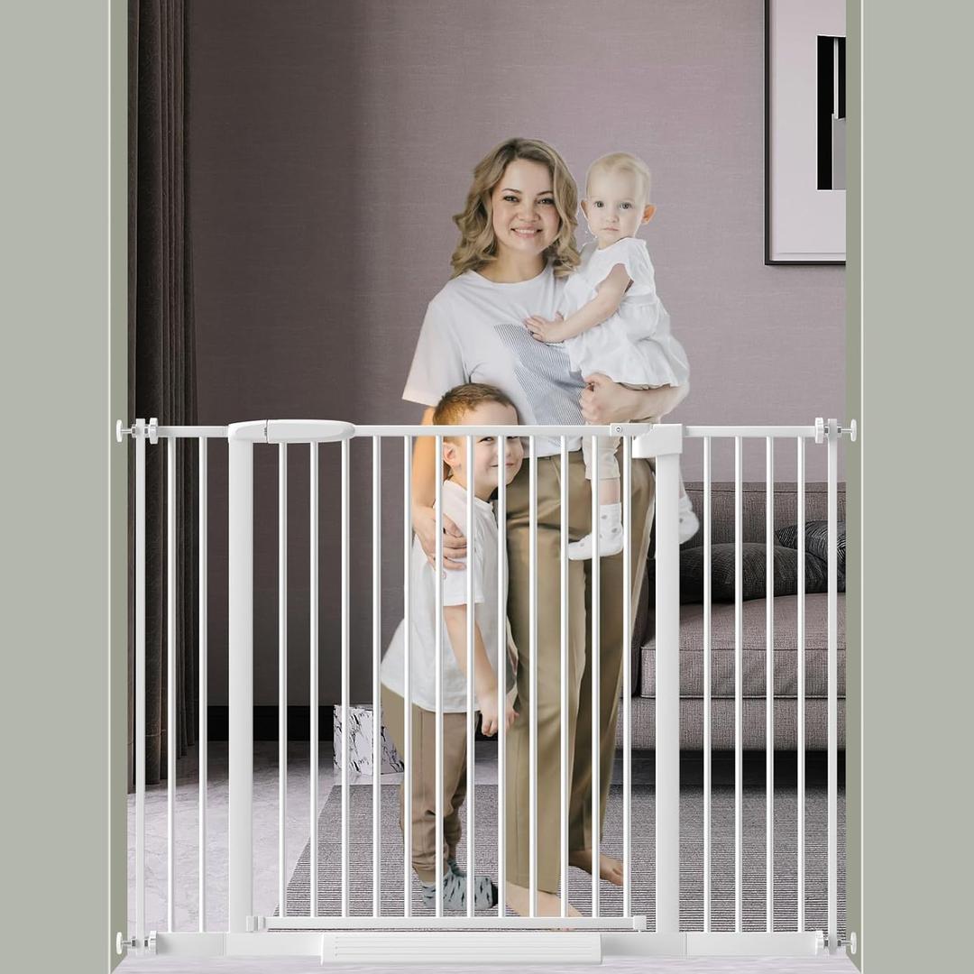DEARBB Extra Wide Baby Gate Ultra Narrow Spacing 30.11-77.36" Pressure Mounted Double Lock Swing Auto Close Walk Through Metal Safety Pet Gate for Stairs and House Doorway Kitchen (34.05"-45.86", White)