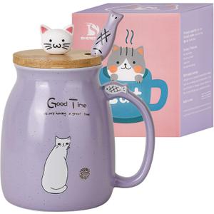 SHENDONG Cute Cat Mug - Kawaii Kitty Lid & Spoon, 15OZ, Japanese Style, Purple