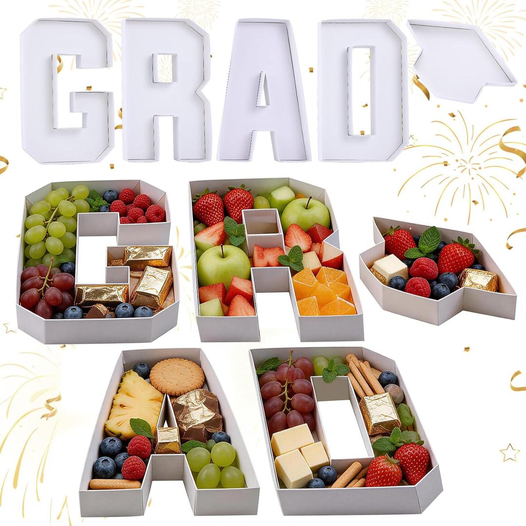 2026 Graduation Decorations - 4 Pcs Grad Cap Charcuterie Fillable Letters Charcuterie Board Box Serving Trays Graduation Centerpieces for Tables Grad Party Decorations Supplies (White, Cap and Grad)