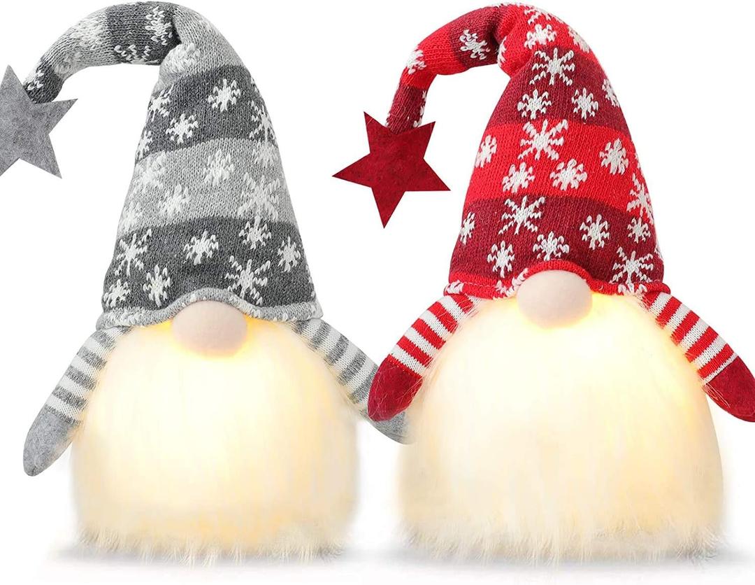 FFPTBNYX 2PC Gnome Christmas Decorations Lighted Standing Gnomes Decorations Light up Christmas Knome Gift Winter Tabletop Stuffed Plush Elf (Red and Grey)