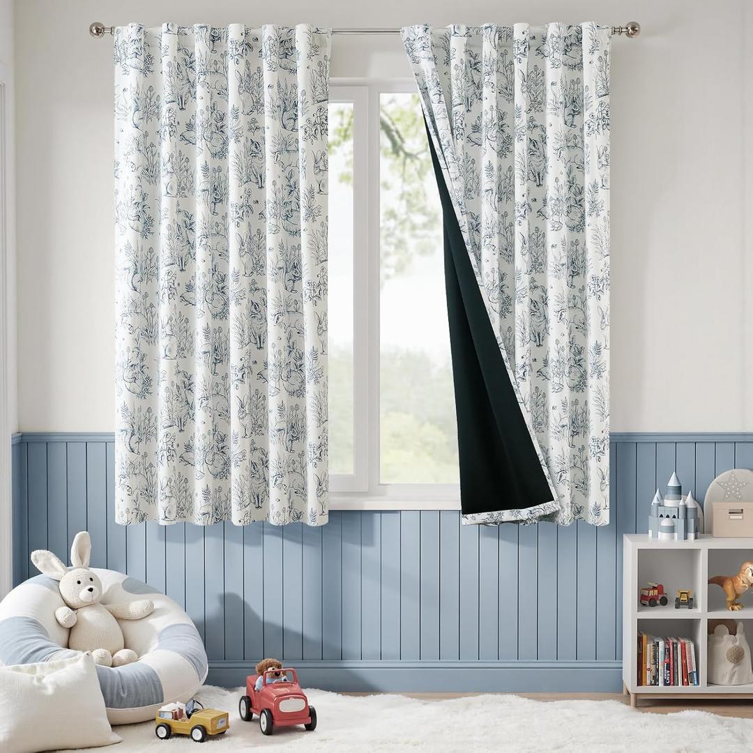 jinchan 95% Blackout Nursery Curtains 63 Inches Long, Bunny Woodland Toile Curtains Blue on Beige Animal Printed Drapes for Bedroom Rod Pocket Thermal Insulated Farmhouse Window Treatment 2 Panels