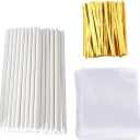 Lollipop Stick (6 inch), Candy Wrappers and Twist Ties Set, 100 Papery Lollipop Sticks (6 inch), 200 Lollipop Bags and 200 Twist Ties (500Pcs)