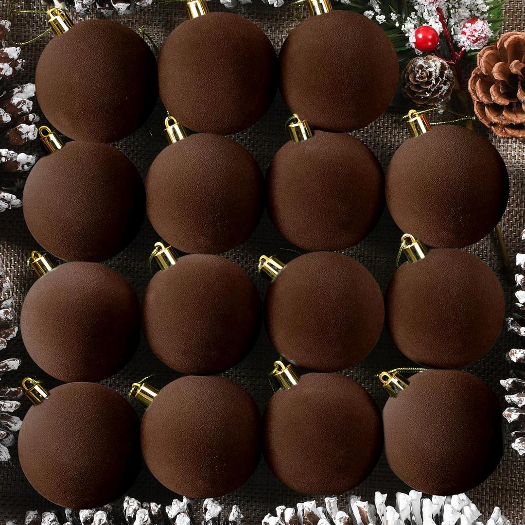 30 Pcs 2.4 Inches Velvet Christmas Ball Ornaments, Shatterproof Coffee Brown Flocked Bulbs Decorations Set, Retro Decorative Hanging Plastic Ornaments for Xmas Tree Holiday Party Decor