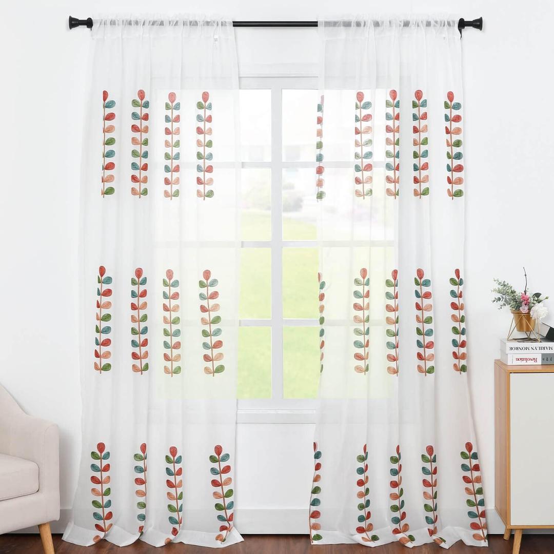 VOGOL Sheer Curtains 84 Inches Long, Colorful Leaves Embroidered White Sheer Window Curtain for Living Room/Dining Room, Rod Pocket, 52 x 84, 2 Panels