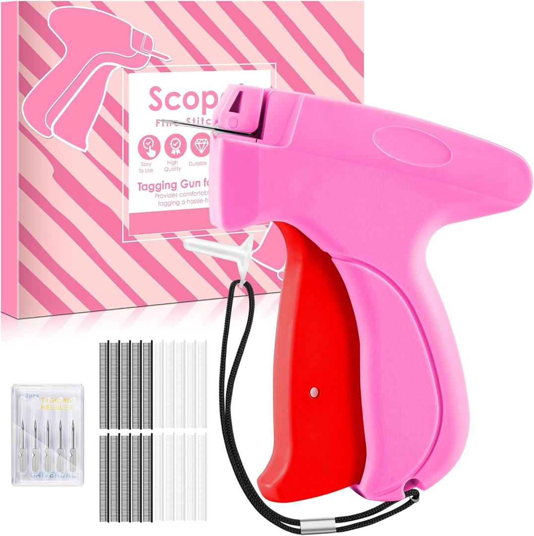 Stitch Gun for Clothes - Handheld Stitch Gun Quick Clothing Fixer - Tagging Gun - Includes 6 Needle, 1000 Black Fasteners & 1000 White Fasteners (Pink-red)