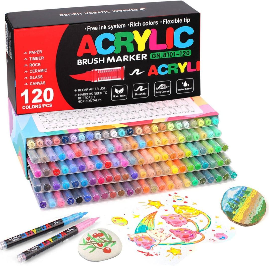 120 Colors Soft Brush Tip Acrylic Markers Set, Paint Pens for Rock, Wood, Fabric, Canvas, Glass, DIY Crafts, Waterproof Paint Markers, Vibrant Acrylic Pens for Artists and Art Projects