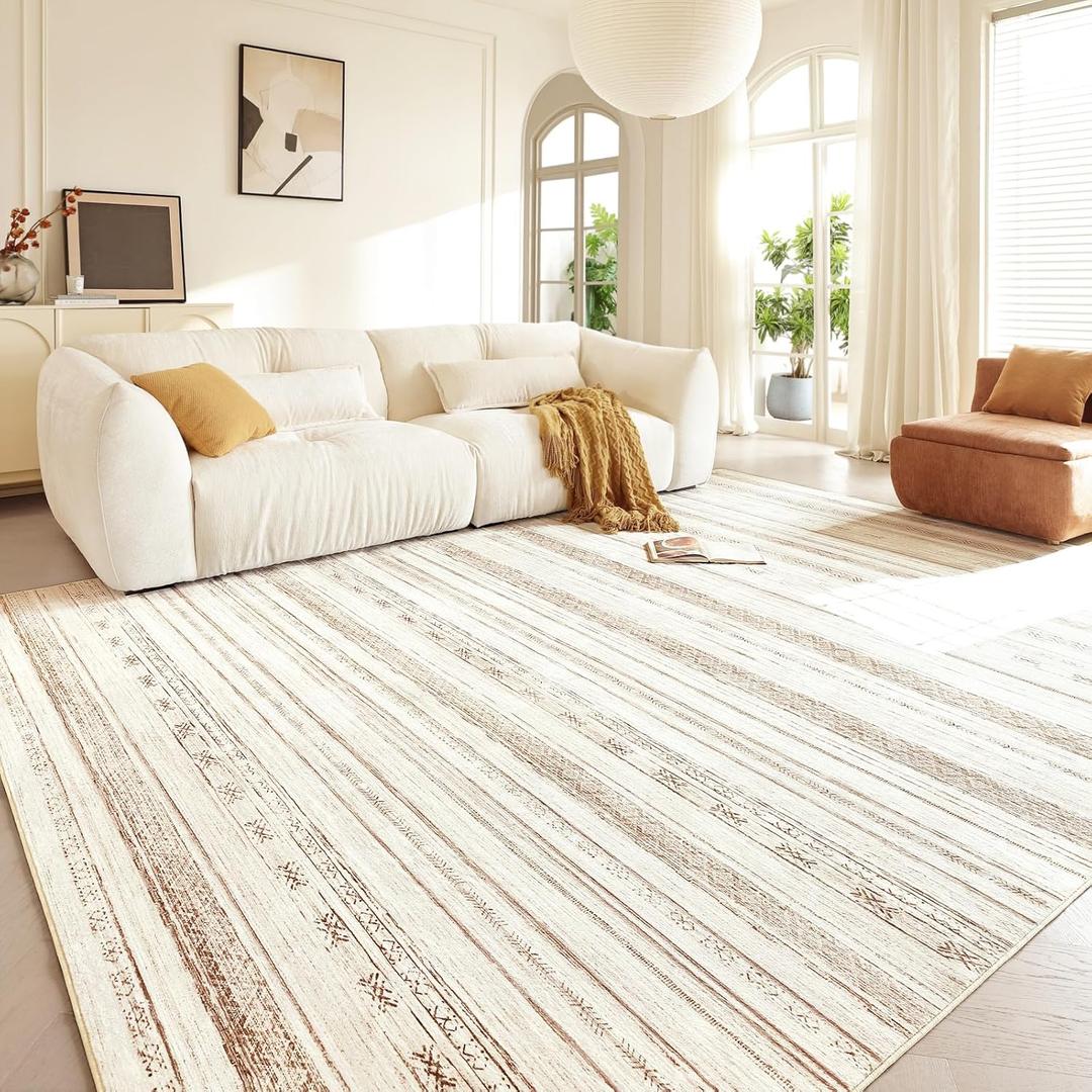 Area Rugs for Living Room: 6x9 Washable Boho Rug for Bedroom Large Neutral Bohemian Moroccan Farmhouse Geometric Dining Room Rugs Ultra Soft Floor Carpet Indoor for Home Office - Brown Beige