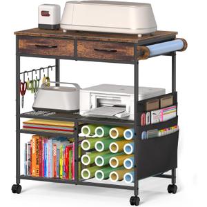 Rolling Craft Cart with 16 Vinyl Roll Holders, Craft Workstation Table with Drawers & Storage, Mobile Craft Cart Compatible with Cricut Machines, with Hooks & Shelves for Craft Room, Home, DIY (Brown)