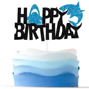 Shark Cake Topper - Happy Birthday Cake Topper for Boys Cute Shark Cake Decoration, Ocean Sea Animal Shark Theme Baby Shower Party Supplies
