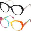 AMOMOMA Classic Round Reading Glasses for Women,Fashion Blue Light Blocking Womens Readers AM6064 (C1.black+c2.rainbow)