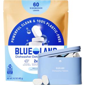 BLUELAND 100% Plastic-Free Dishwasher Detergent Tablets, Starter Set, 60 Count with tin, Free & Clear, Eco-Friendly Dishwashing Pods, Natural, USDA Certified bio based