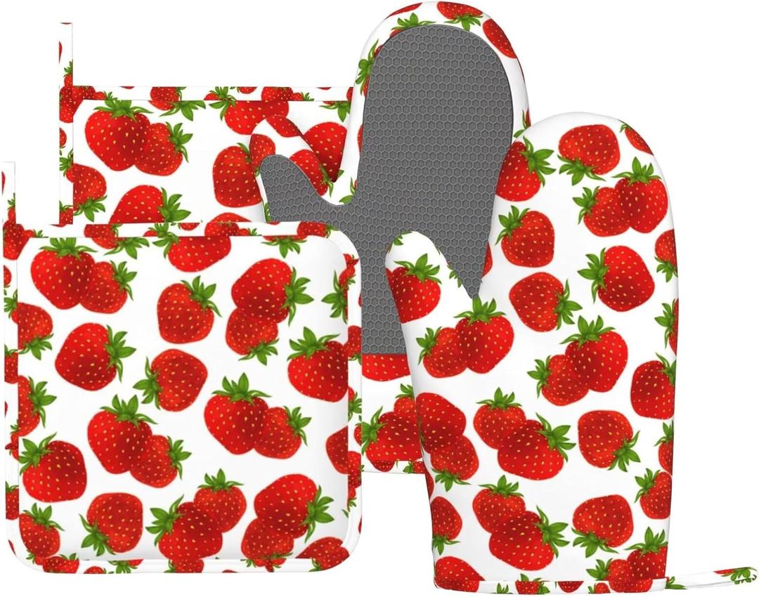 Cute Strawberry Oven Mitts and Pot Holders Sets Silicone Strawberries Kitchen Mitts Strawberry Potholders Heat Resistant 4Pcs Oven Gloves Hot Pads for Kitchen Baking Cooking BBQ Grilling