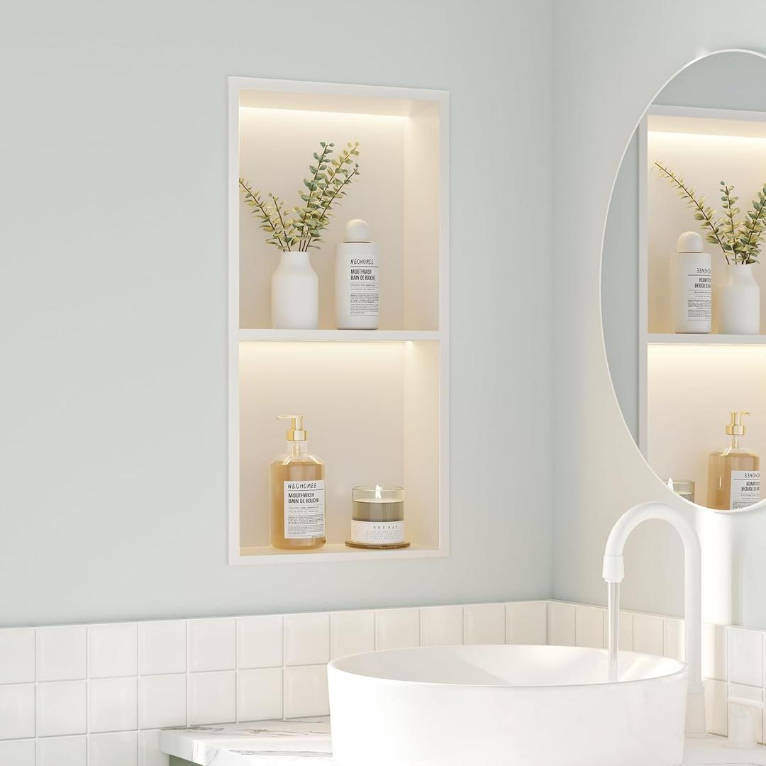 2-Tiers 12x24 Wall Niche with LED Light Strips, White Shower Niche Cabinet, Stainless Steel Bathroom Shelf, NO Tile Needed Recessed Storage Organizer (Non-dimmable LED Light)