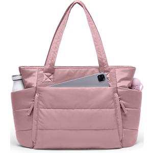 Tote Bag for Women with Zipper, Quilted Puffer Tote Bag with Compartments, Lightweight Puffy Work Bags for Women Travel (Mauve Pink)