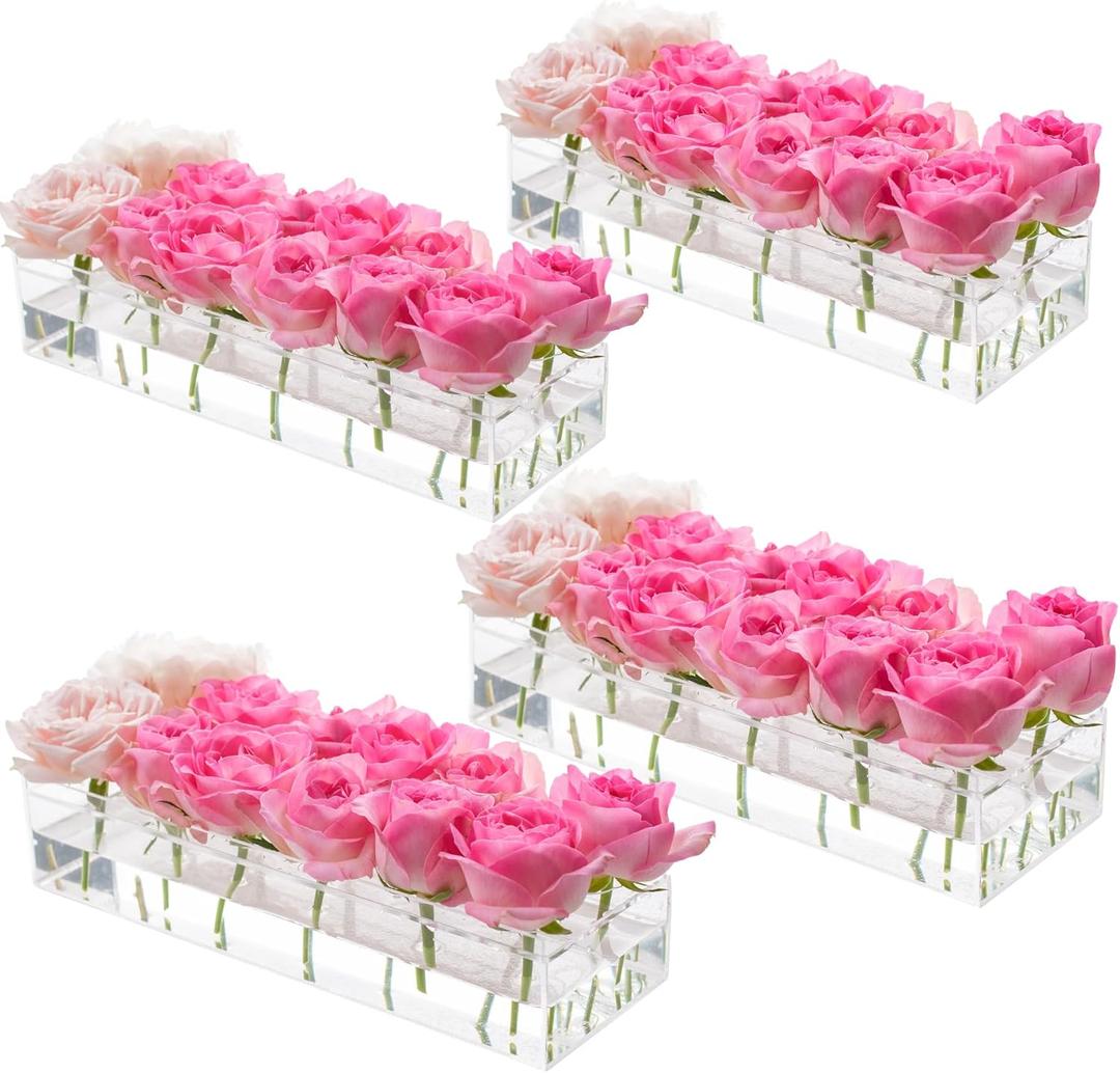 4Pcs Acrylic Flower Vase with 12Holes Clear Acrylic Modern Vases Rectangular Floral Centerpiece for Dining Table Low Decoration Vase for Christmas Party Decorations (Clear4pcs Total 48 120cm)