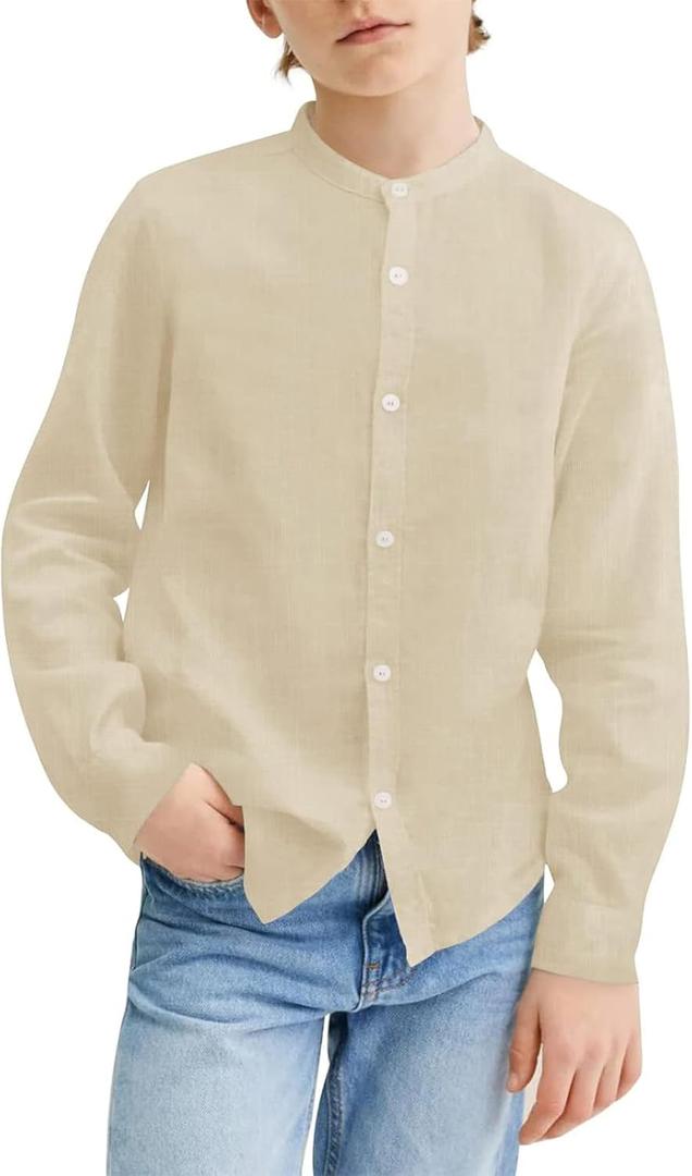Mafulus Boys Button Down Linen Shirt Long Sleeve Mandarin Collar Loose Fit Casual School Summer Top (9-10 Years, Beige)