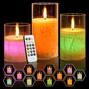 NICEME 3PCS LED Multi Colored Flameless Candles Acrylic Pillar Battery Operated Flickering Flame Color Changing Candles with Remote Control Real Wax Electric Fake Candles Ice Crystal, D3 x H4 5" 6"