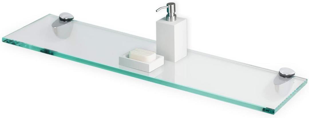 Fab Glass and Mirror Rectangle Floating Glass Shelf Kit Tempered 3/8" Thick with 2 Free Chrome Brackets, 12" L x 42" W