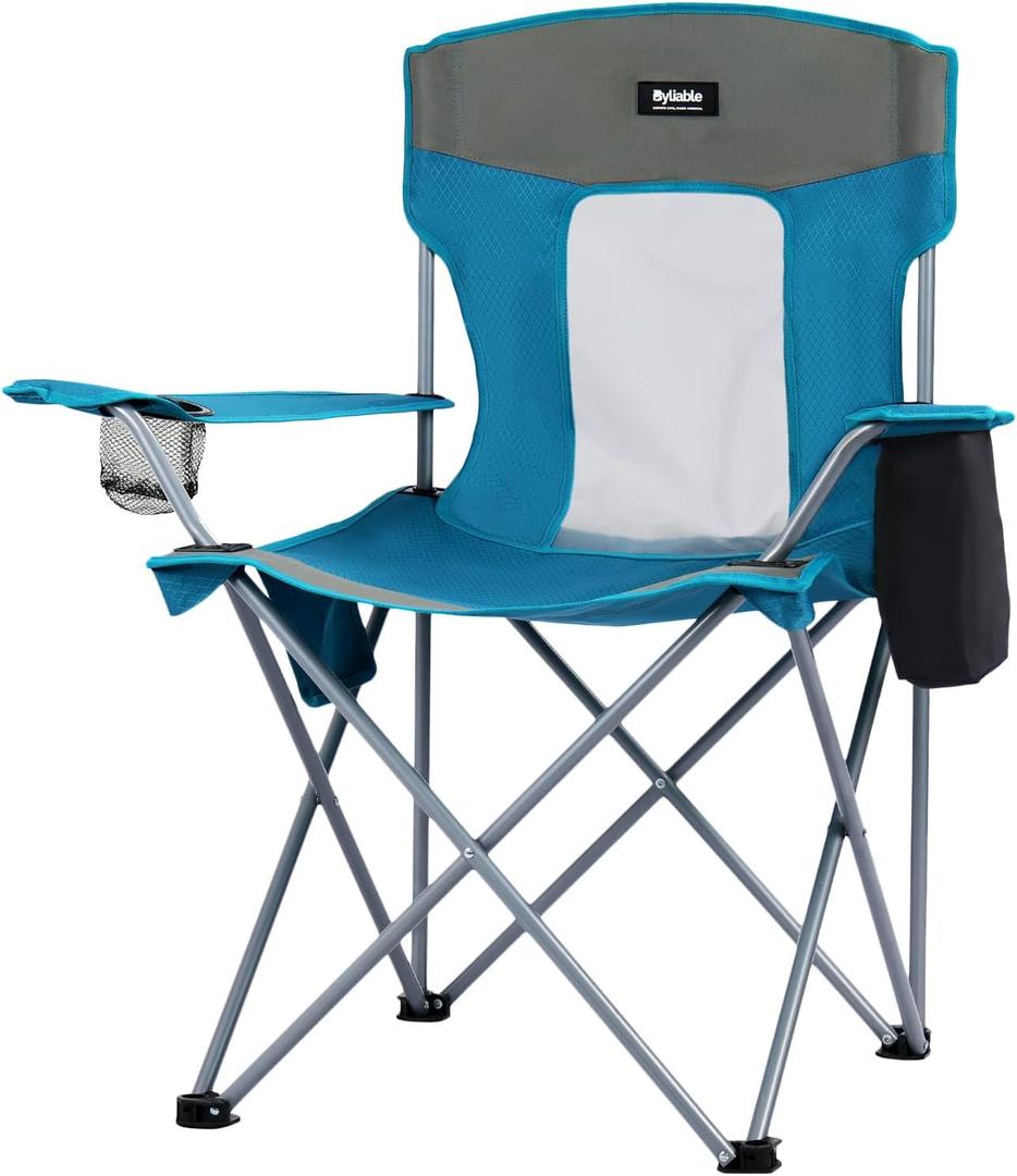 Camping Folding Chair Outdoor Lawn Portable Lightweight Camp Folding Chairs for Adult Outside with Cup Holder, Cooler Pouch & Side Pocket for Camping, Beach, Fishing, Sports or Tailgating Events, Blue, Large