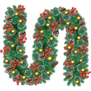 Christmas Garland with Lights, 9ft 30LED Battery Operated Garland Decorated with Pine Cones, Berry, Artificial Snowy Pine, Indoor & Outdoor Xmas Garland for Stairs Fireplace Door Fences