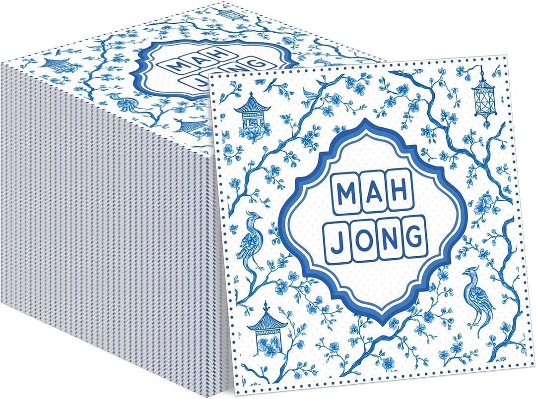 Gueevin 80 Pcs Mahjong Napkins Cocktail Paper 6.5 x 6.5 Inches Mahjong Party Supplies Decorations Accessories Gifts for Casual Gatherings Game Nights Bridal Showers Birthday Christmas Party(Blue)