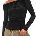 Darong Women Off Shoulder Shirts Long Sleeve Ruched Going Out Tops Trendy Slim Fit Fall Blouses Y2K Tops, S