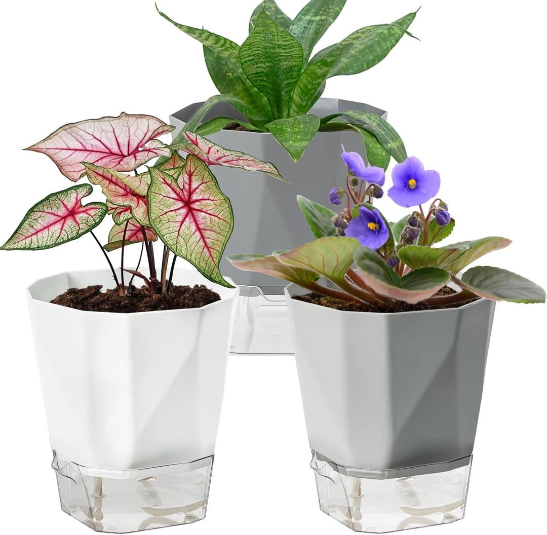 3 Pack Self Watering Planter Pots, 4.9 Inch African Violet Pots for Indoor Outdoor Windowsill Gardens, Plant Pot with Wick Rope and Reservoir