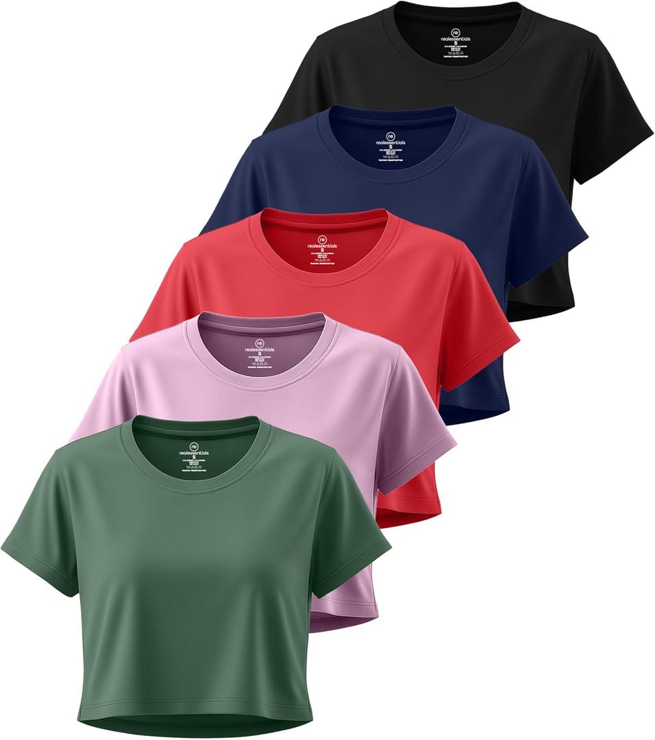 Real Essentials 5 Pack: Women's Dry Fit Crop Top - Short Sleeve Crew Neck Stretch Athletic Tee (Medium)
