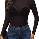 Mesh Top for Women Long Sleeve Mock Neck Mesh Shirt Sheer Top Solid Floral Tee Shirts S-XXL (Black, S)