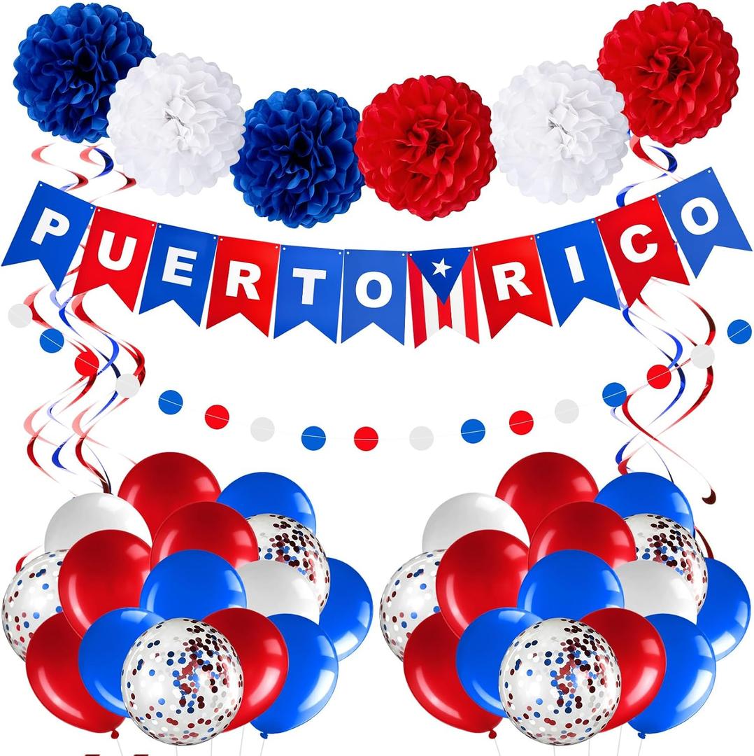 RoundFunny Puerto Rico Party Decorations Puerto Rican Decor Supplies Kit White Blue Red Flag Decorations Banner Paper Pompoms Confetti Balloons Dots Streamer for Party Supply