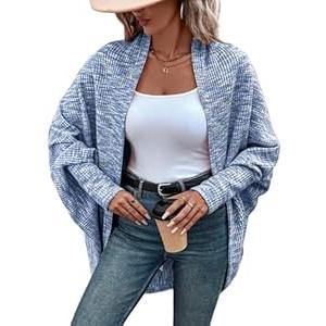 CHICME Cardigan Sweaters for Women Waffle Knit Coat Batwing Long Sleeve Open Front Long Cardigans Outerwear (Medium)