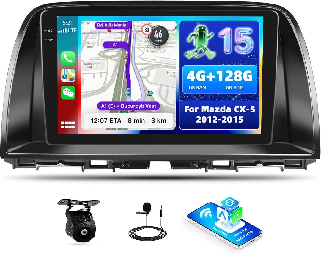 [4G+128G] Car Radio for Mazda CX-5 2012-2015 with Wireless CarPlay Android Auto,9 inch Touchscreen Android 15 Mazda CX-5 Car Stereo with WiFi,GPS Navigation,Bluetooth,FM/RDS SWC EQ+Backup Camera