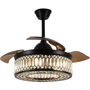 42 Inch Retractable Ceiling Fans with Lights and Remote, Modern Industrial Black Fandelier with 3 Retractable ABS Blades, Invisible Crystal Chandelier Fan for Bedroom Living Room Dining Room (Crystal)